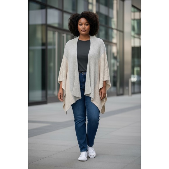 Saturday Sunday Beige Gray Fuzzy Knit Open Front Poncho Wrap Cardigan Sweater - Picture 4 of 4